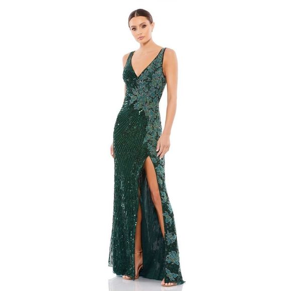 Mac Duggal Deep Green Beaded Floral Sleeveless V-Neck Gown Size 8 - Picture 1 of 8